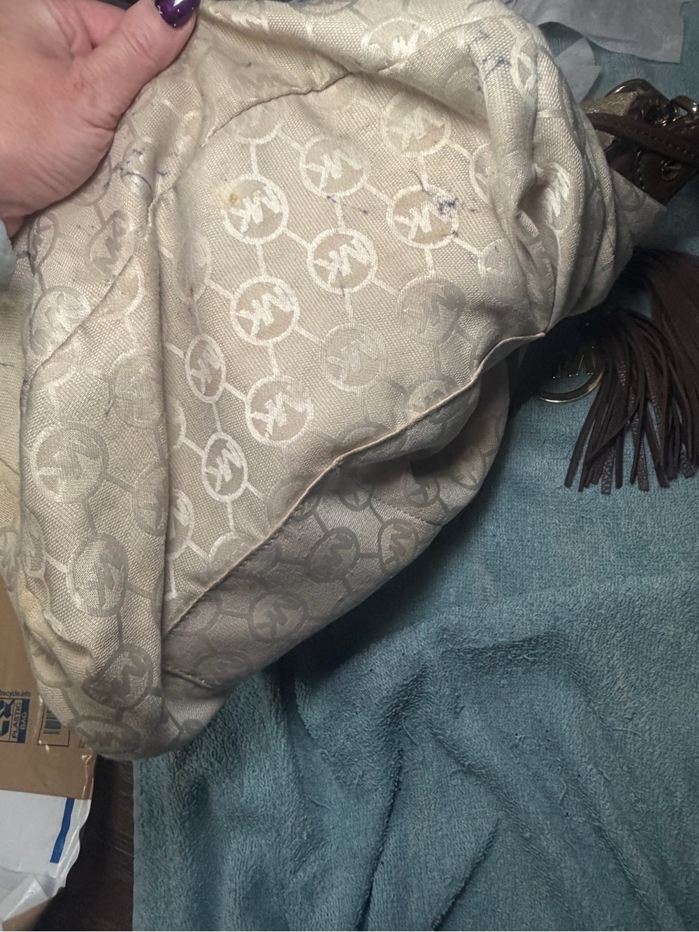 Michael Michael Kors Gold Metallic Canvas Hobo Bag Brown Whipstitch Leather Trim - Picture 14 of 14
